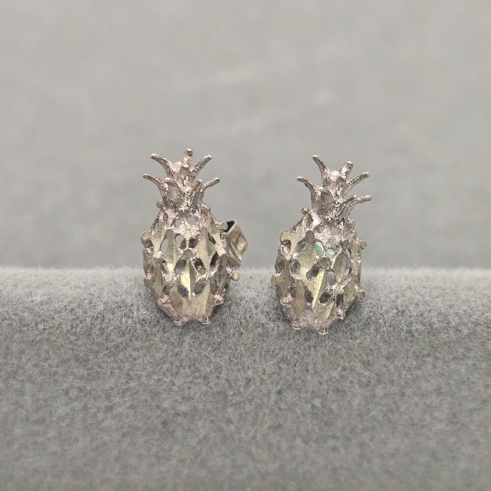 Hawaiian Pineapple Dainty Sterling Silver Earrings 0.9 Grams Patina Beach Girl